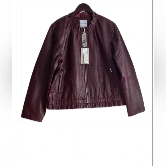 New Genuine Leather Tommy Bahama Burgundy Woman Jacket Full Zip - Picture 3 of 16